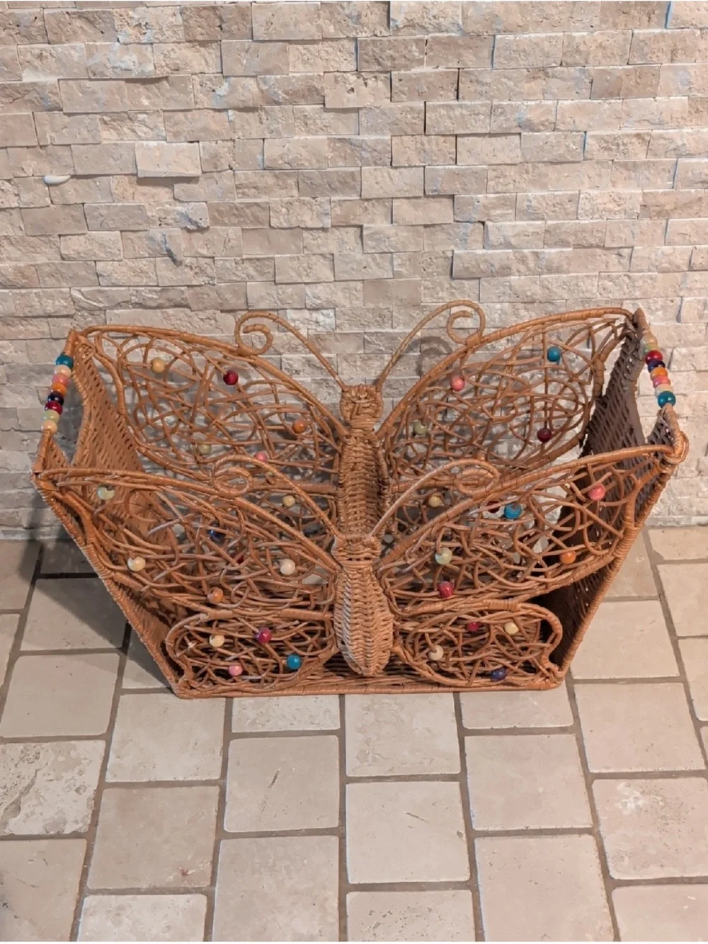 VTG Rare Wood Rattan Bamboo Butterfly Beaded Magazine Rack Holder MCM BOHO